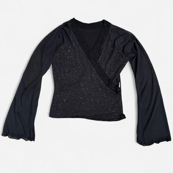 VTG Y2K Hani Black Sparkly Swirl Pattern Beaded Faux Wrap Bell Sleeve Whimsy Top - Picture 6 of 8